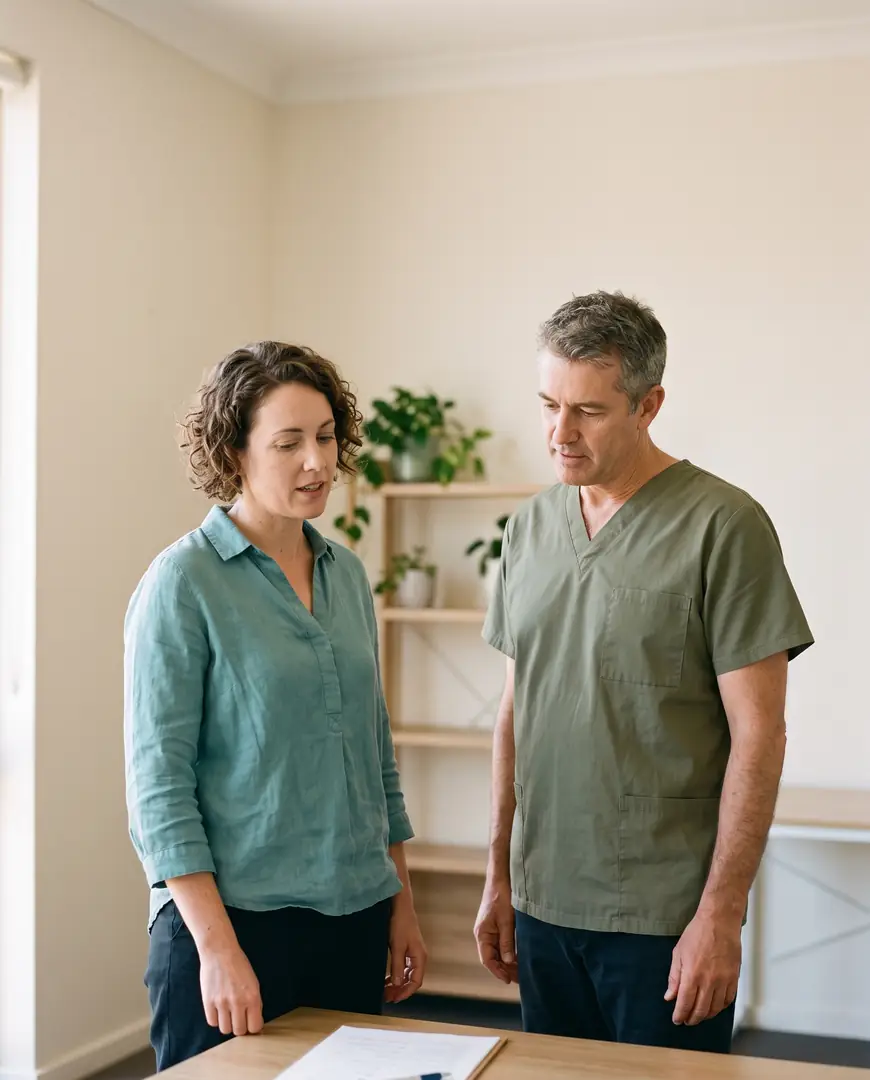 Two health practitioners stand talking together in a bright workspace.