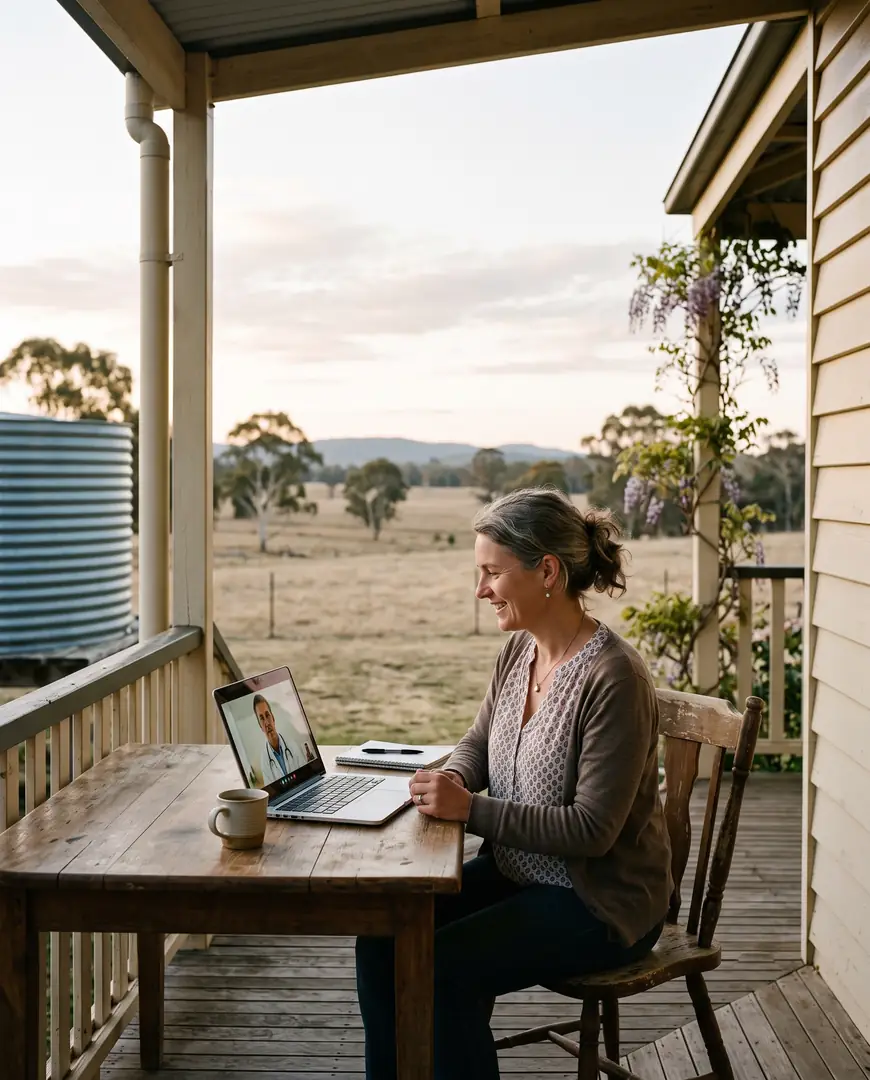 A woman on a verandah in regional Australia has a video consultation on a laptop.