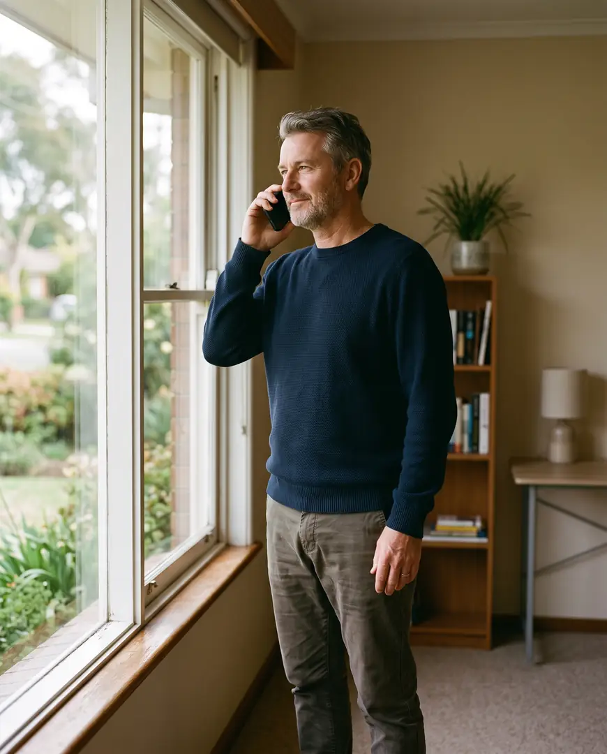 A man stands by a window with a phone to his ear.