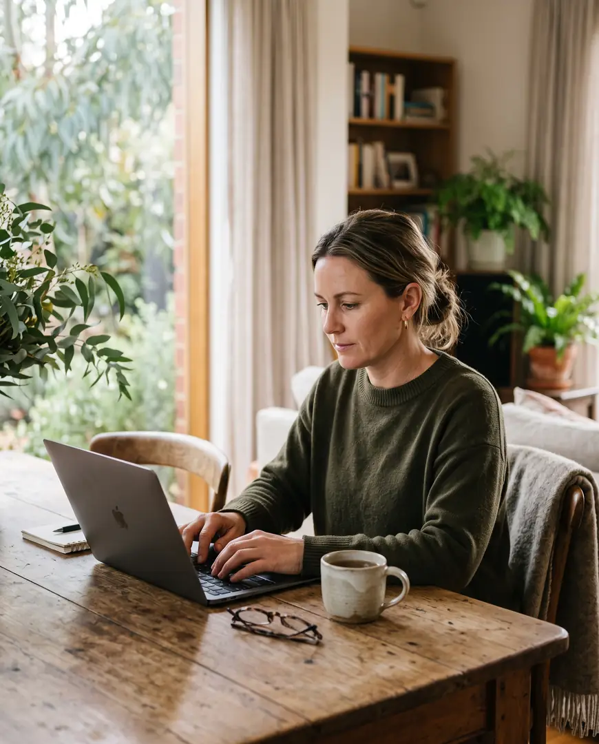 A woman at a dining table types a message on a laptop, a cup of tea beside her.