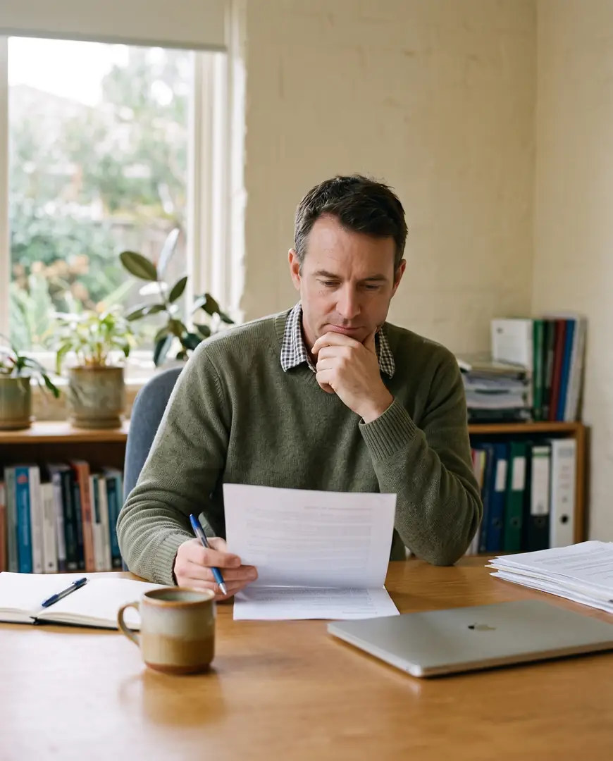 A man at a desk reads a printed page, pen in hand.