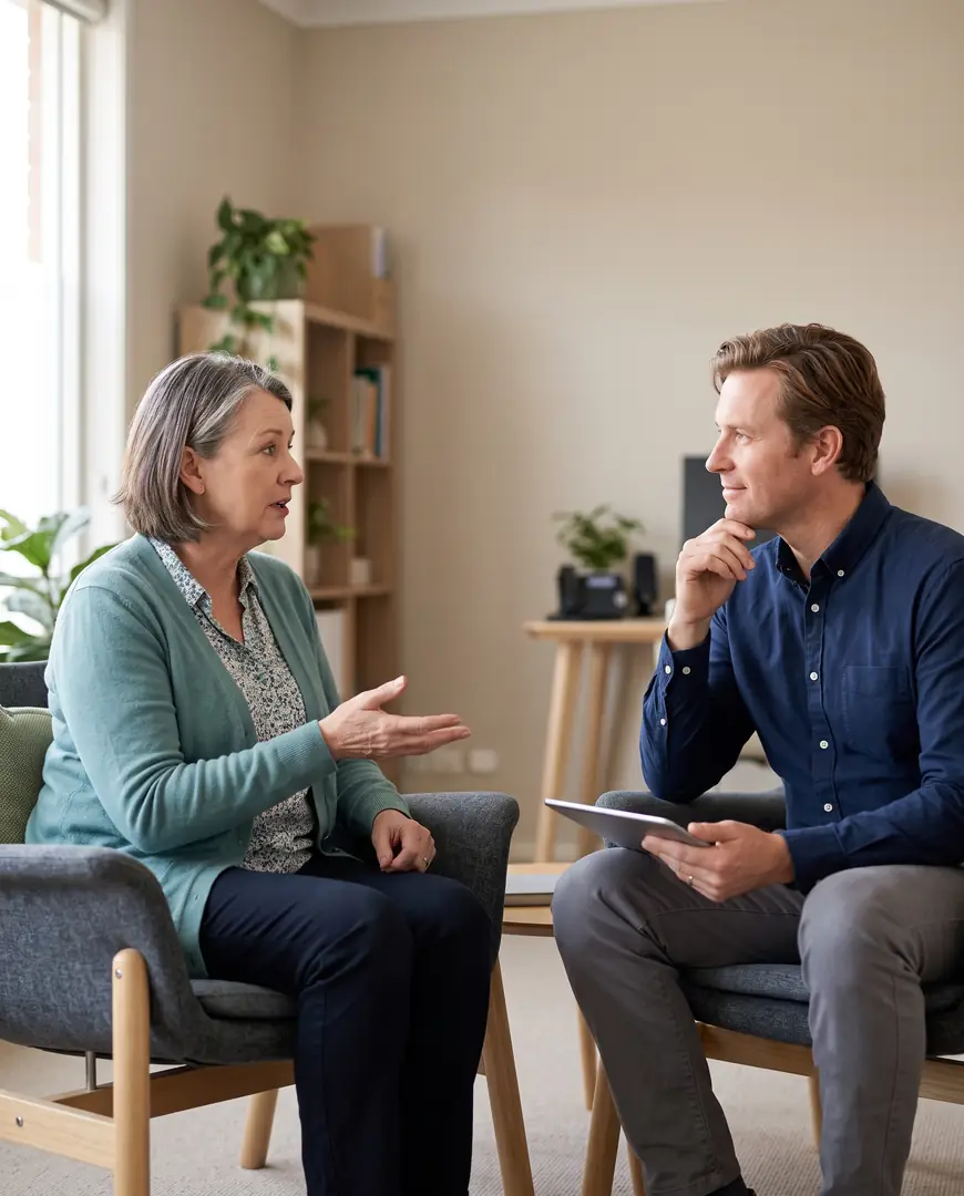 A patient raises a hand to ask a question while a practitioner listens.