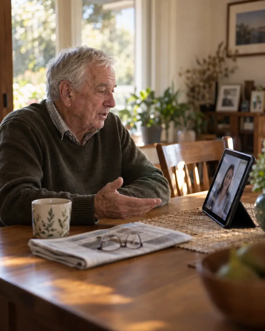 An older man sits at a dining table talking with his practitioner over a tablet.