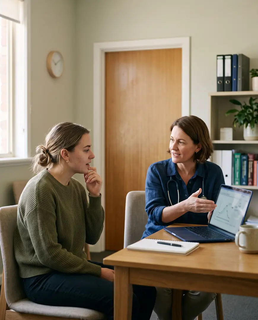A woman and a general practitioner talk in a private consulting room.
