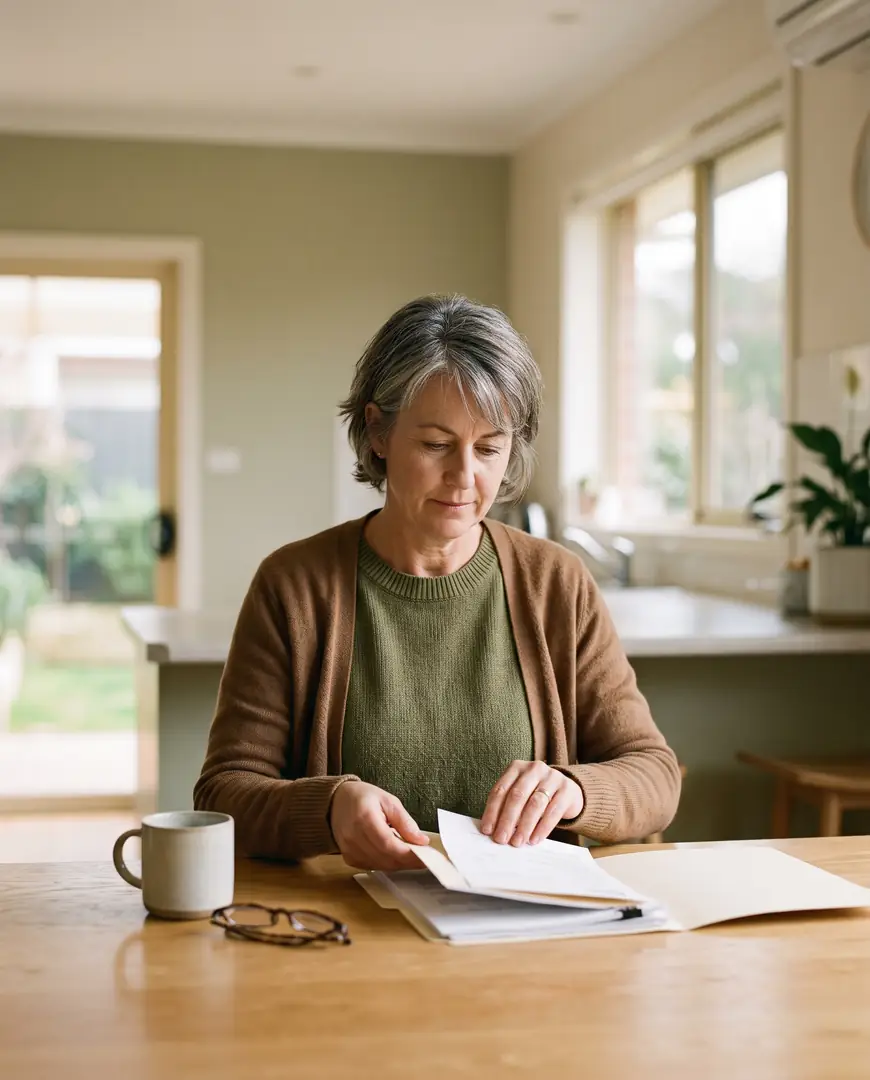 A woman gathers a few pages into a folder at a kitchen table.