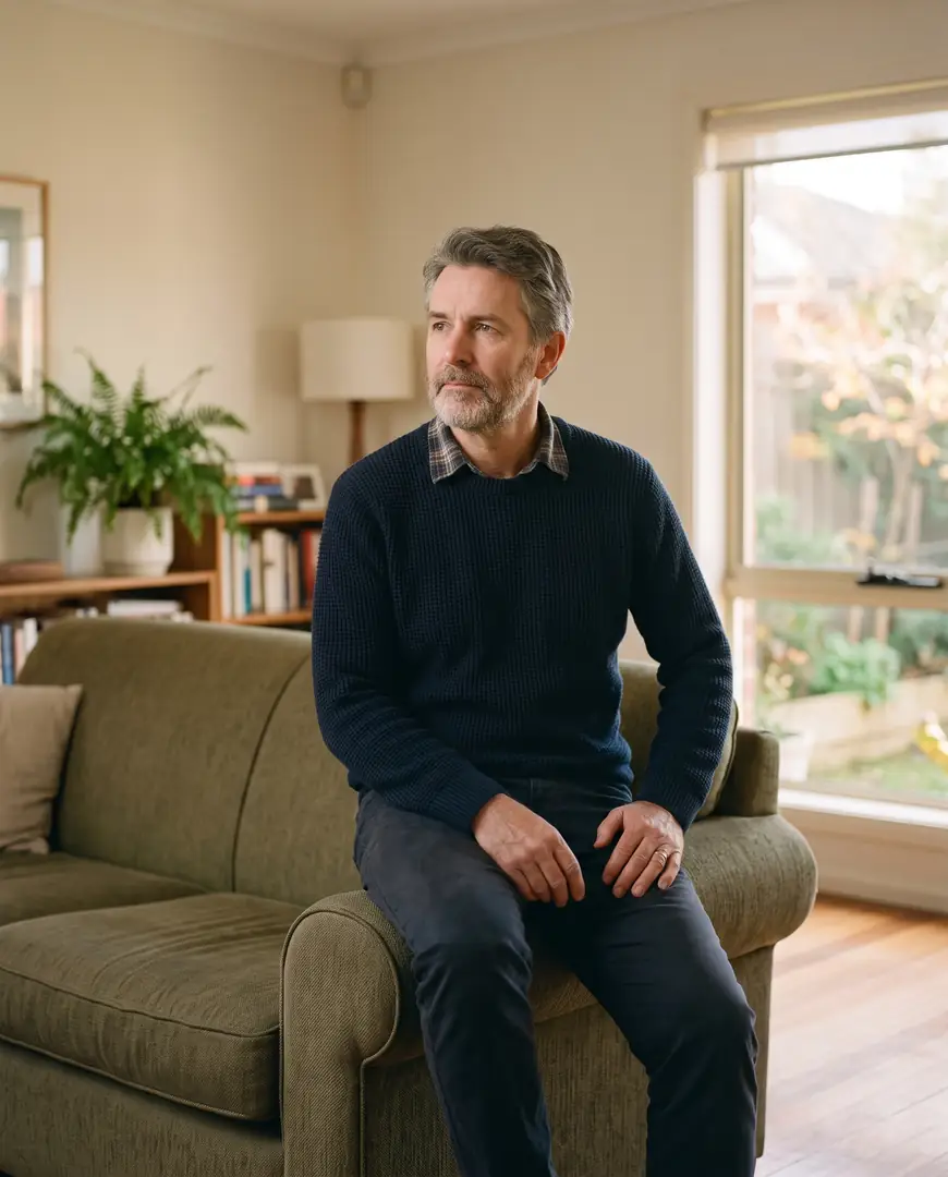 A man sits on the arm of a sofa in afternoon light, looking out in thought.