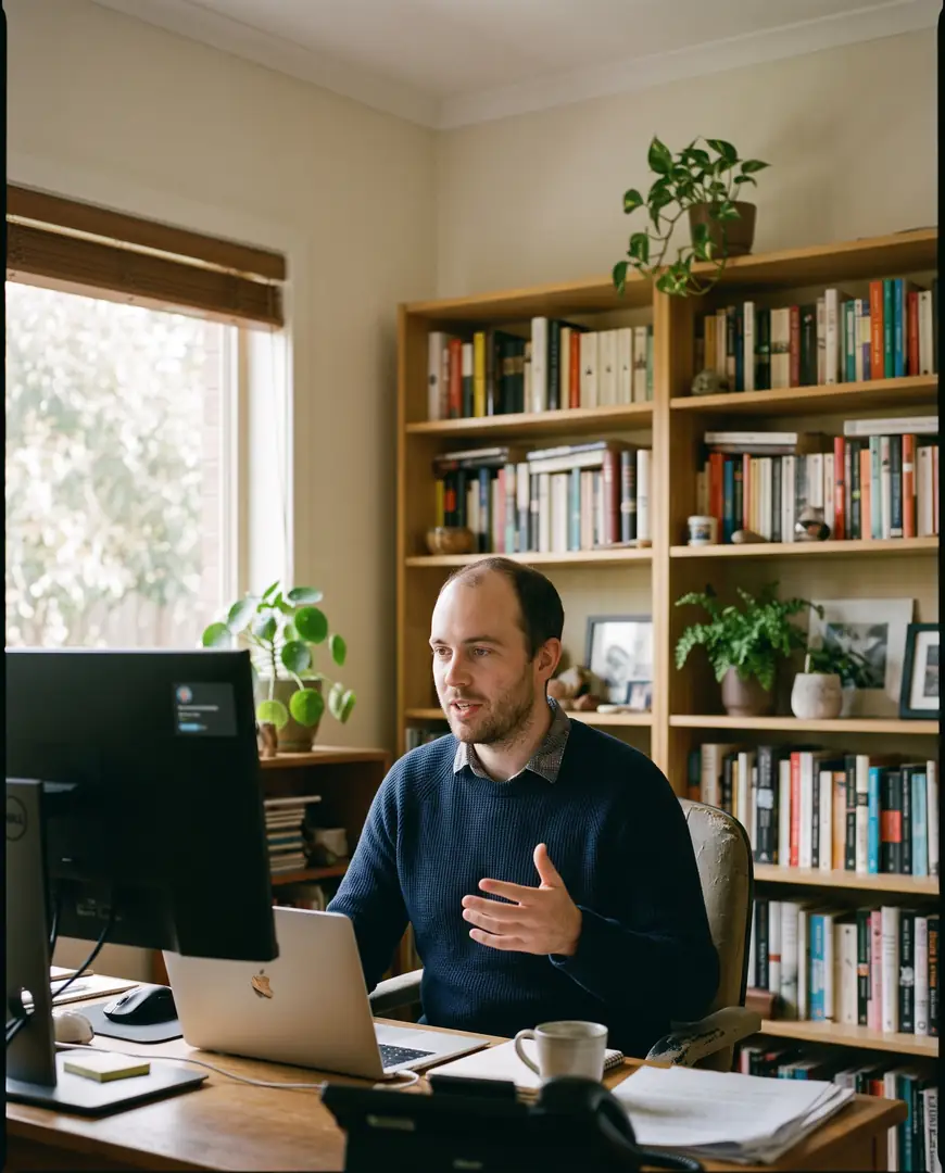 A man at a home desk speaks with a practitioner during a video consultation.