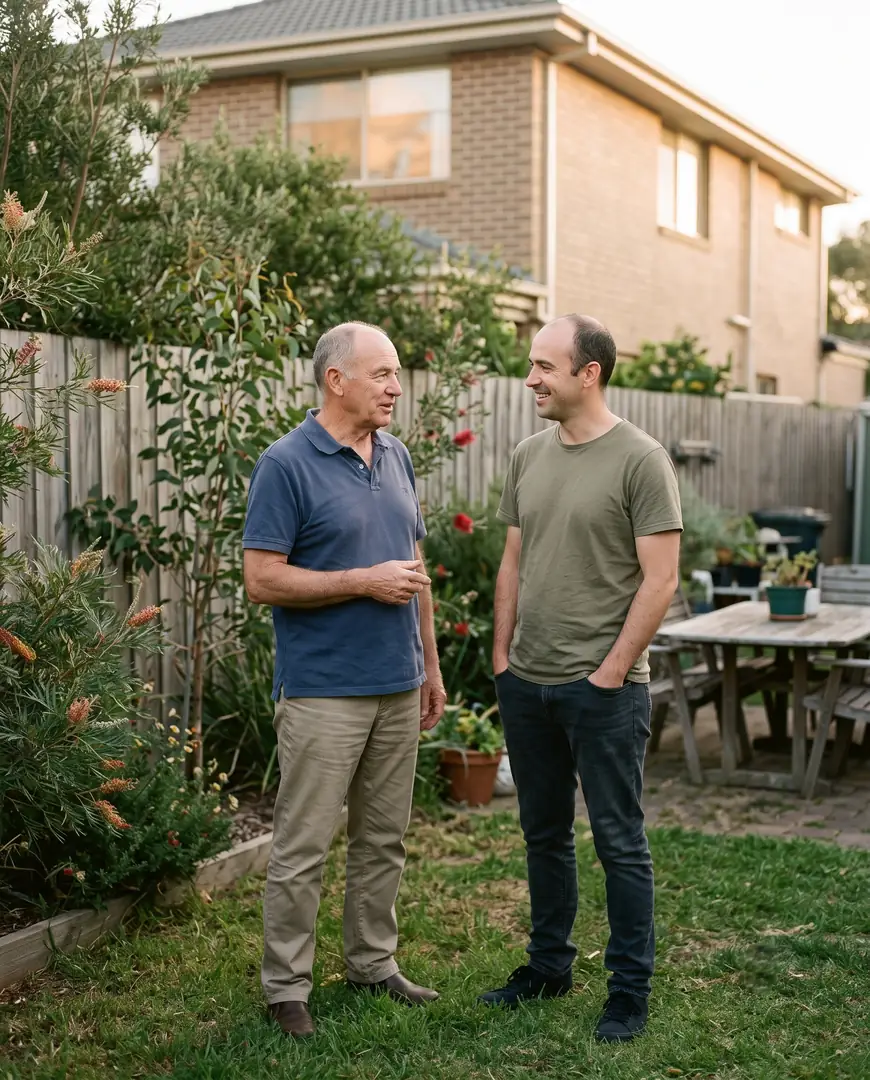 A father and his adult son stand talking in a backyard in afternoon light.