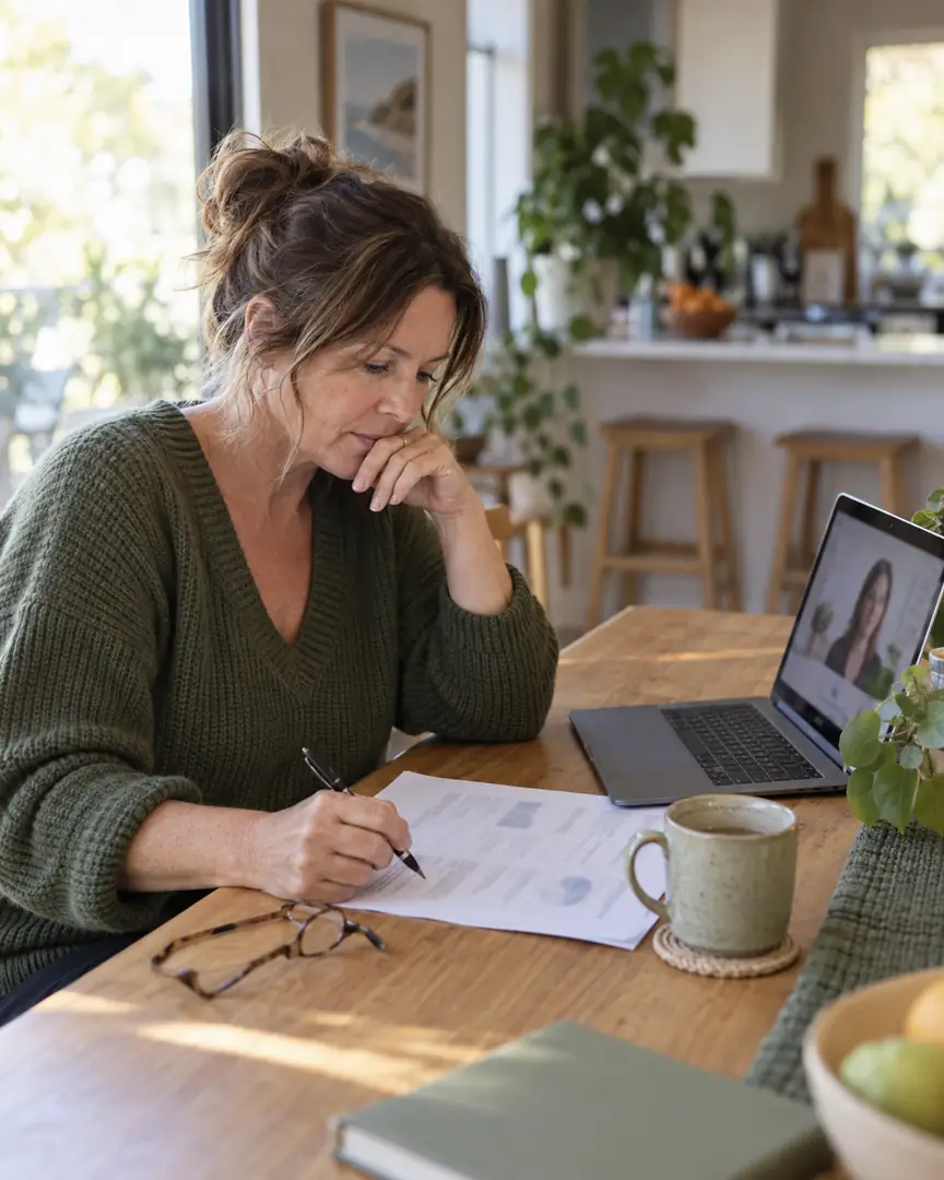 A woman reviews her pathology results with a practitioner during a video consultation at home.