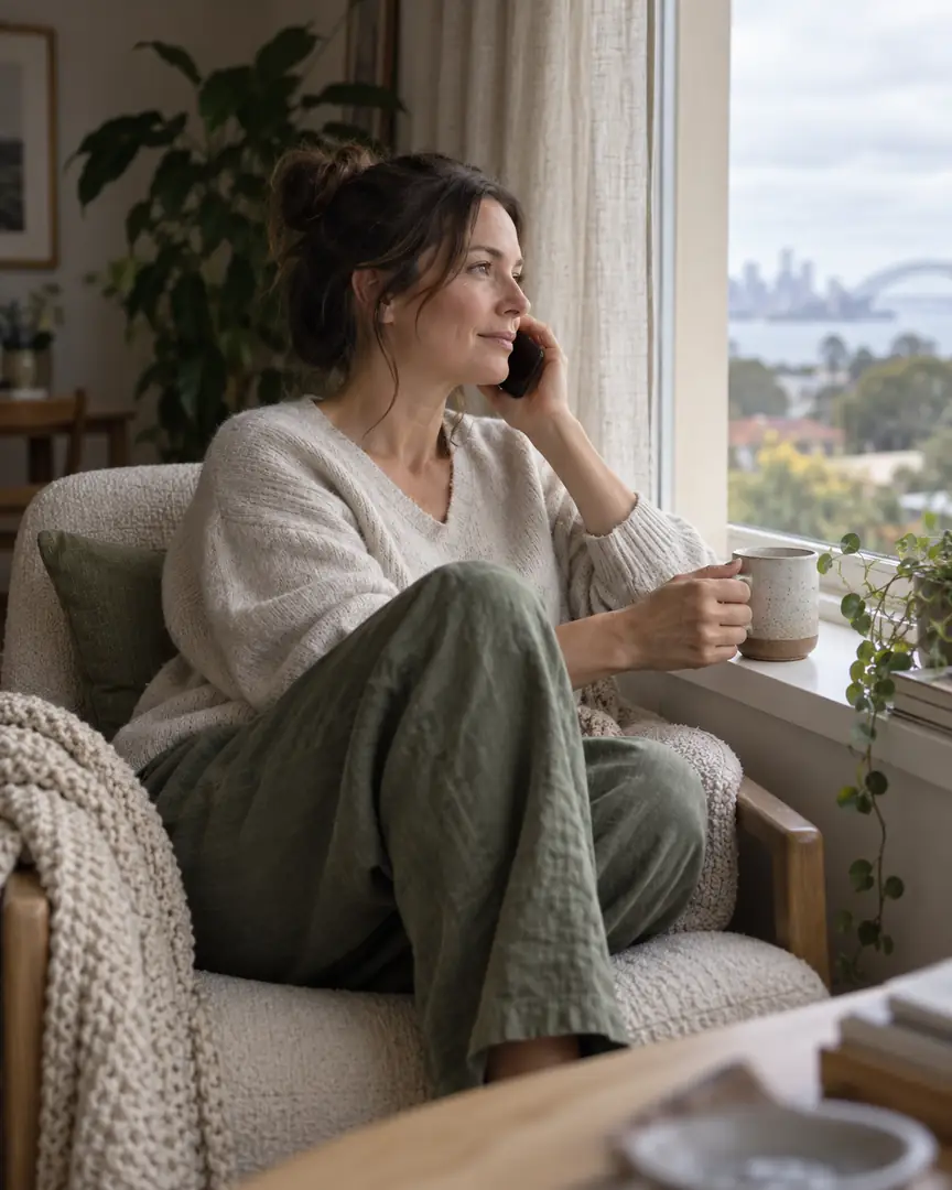 A woman sits by a window with a cup of tea during a phone consultation.