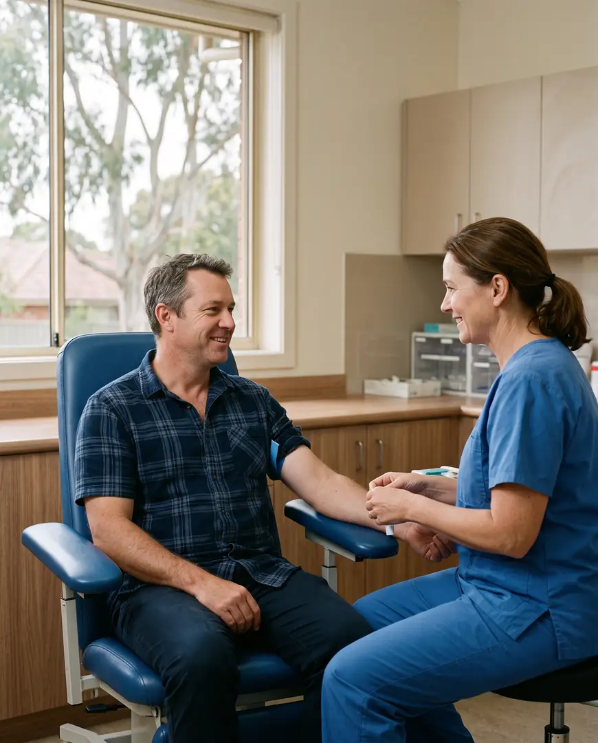 A man talks with a nurse in a pathology collection centre before a routine blood test.