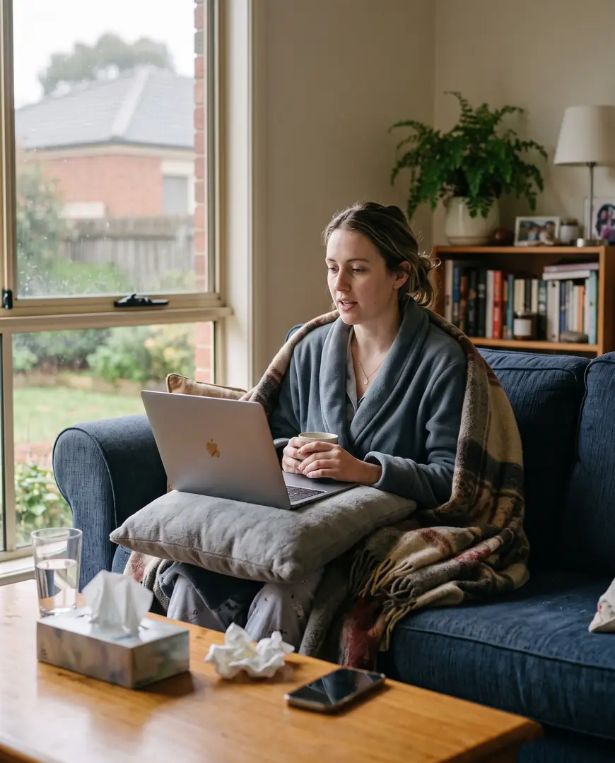 A person wrapped in a blanket on the couch speaks with a practitioner on a laptop.