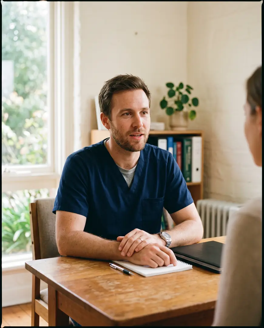 A general practitioner listens and asks a follow-up question during a consultation.