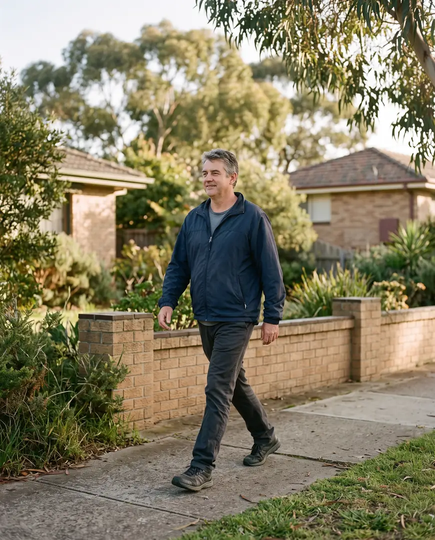 A man walks along a suburban footpath in early morning light.