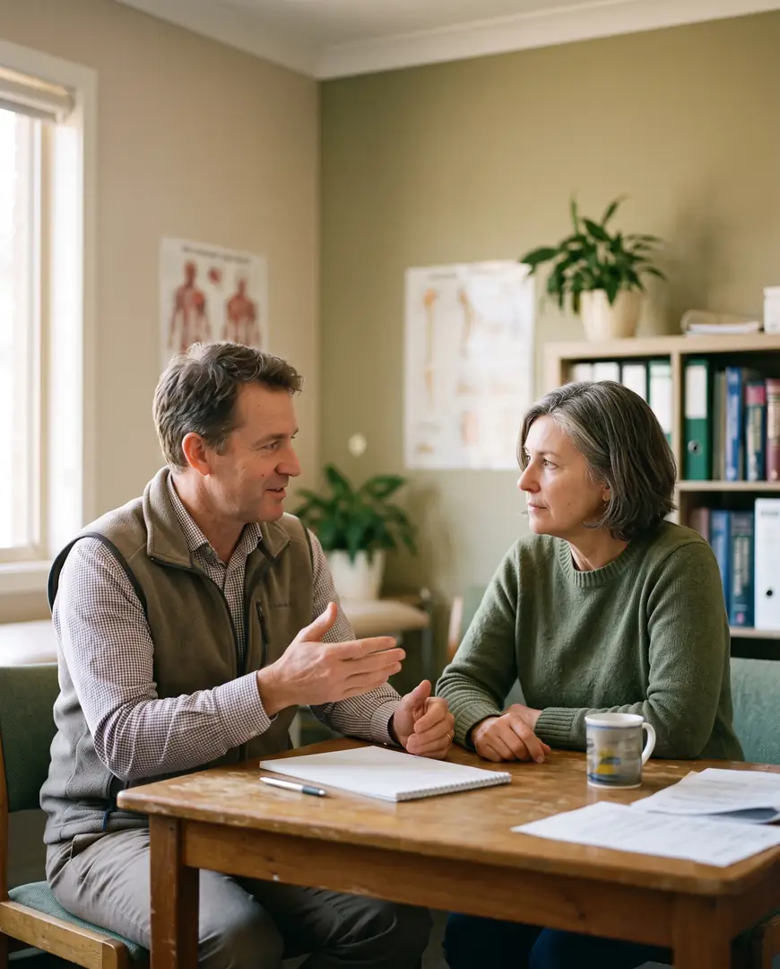 A practitioner and a patient sit across a table, discussing options together.