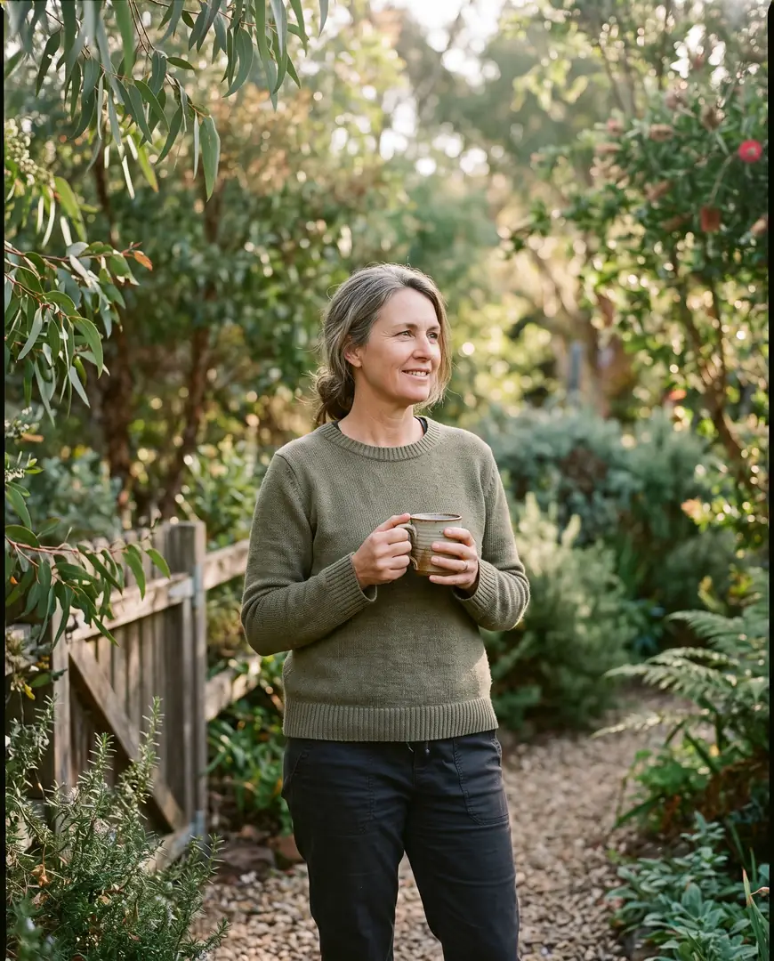 A woman stands in a garden in morning light, holding a mug.