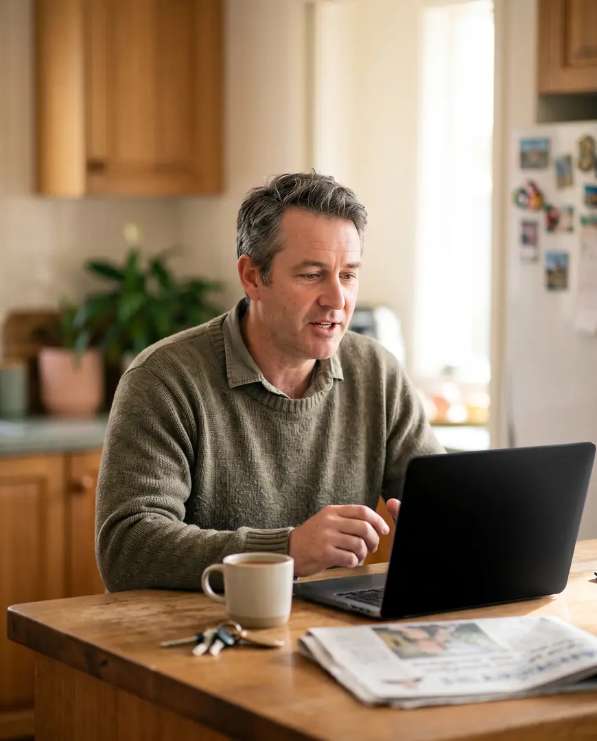 A man at a kitchen bench speaks with a practitioner over a laptop video call.