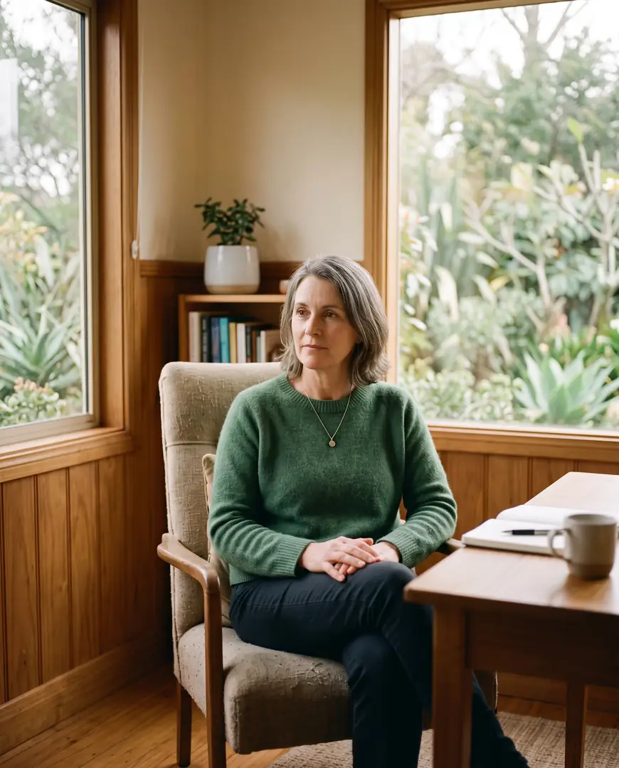 A practitioner sits in a softly lit room, giving her full attention to someone speaking.