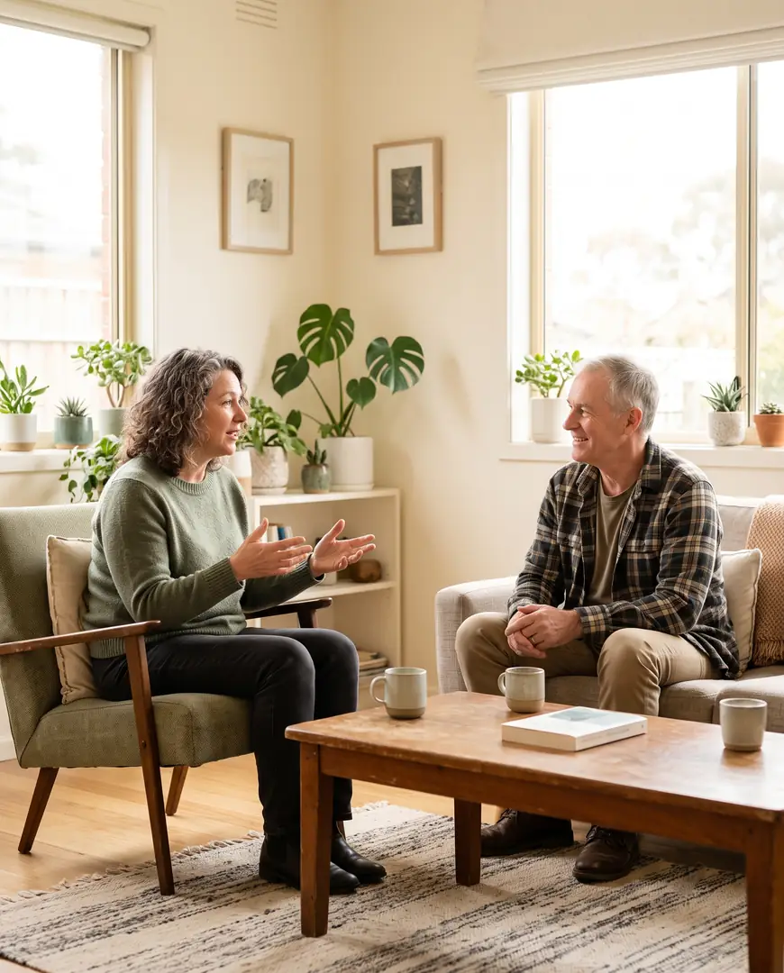 Two people sit in chairs angled toward each other, one talking and one listening.