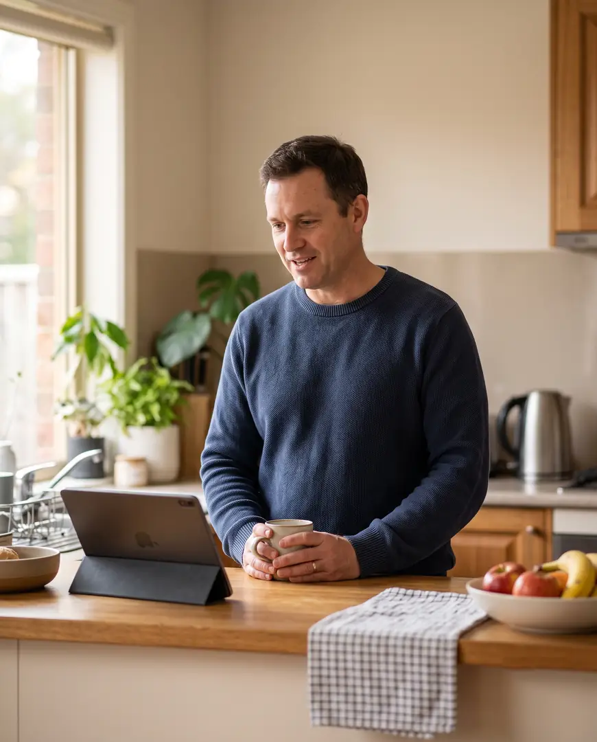 A person stands at a kitchen bench speaking with a practitioner on a propped tablet.