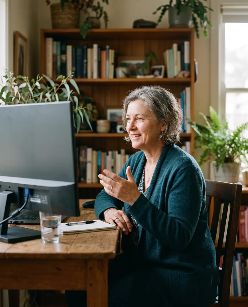 A woman at a home desk gestures as she speaks during a video consultation.