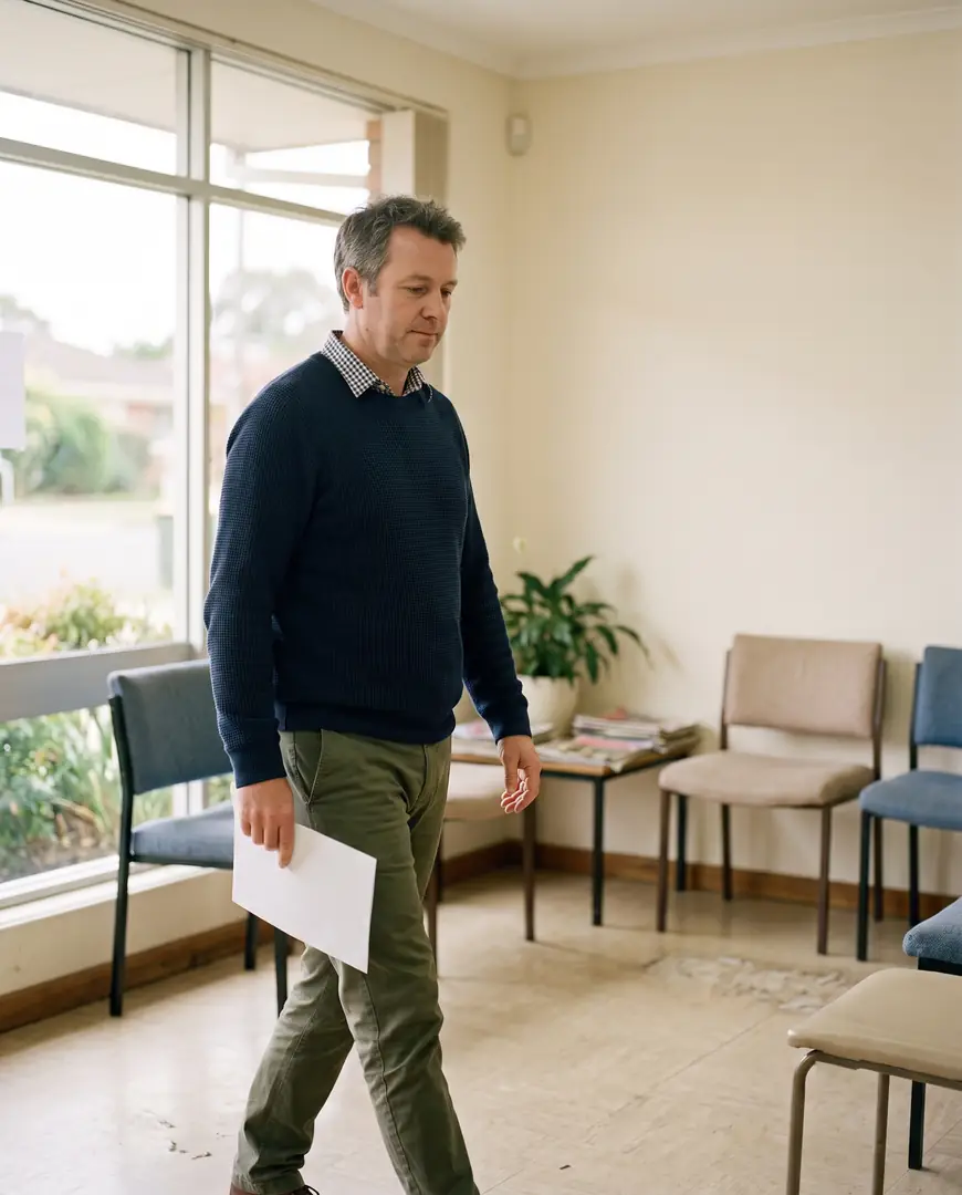 A man walks into a suburban pathology collection centre holding a folded form.