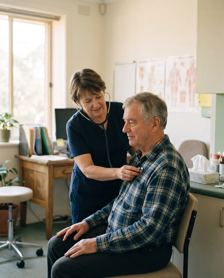 A general practitioner examines a seated patient with a stethoscope in a consulting room.