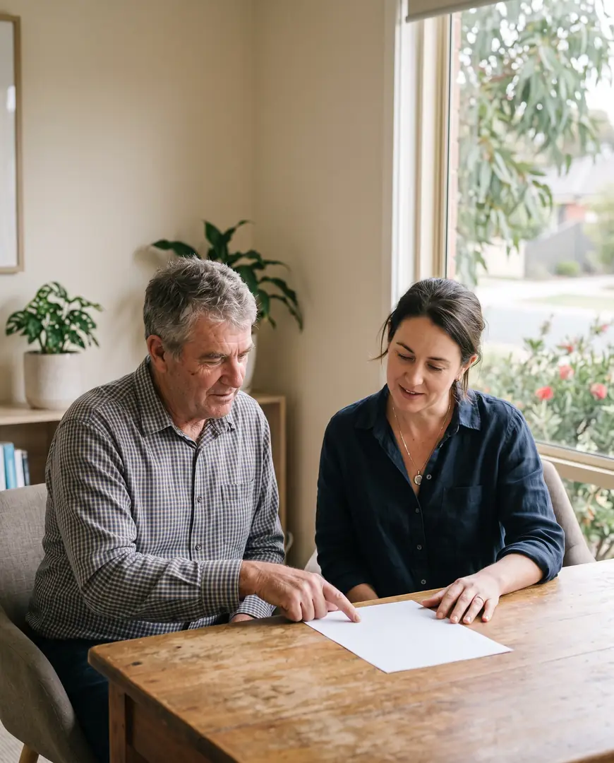 A patient and a practitioner sit side by side at a desk, looking at a page together.