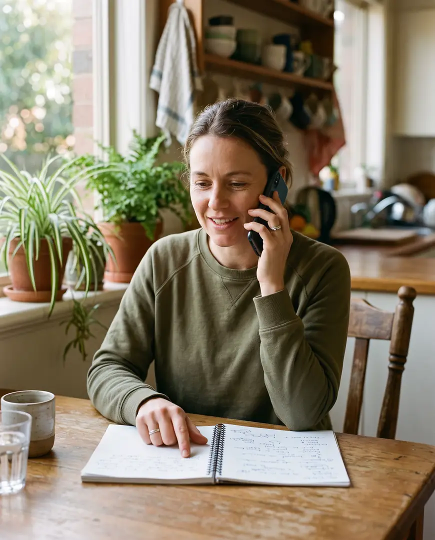 A woman at a kitchen table points to a handwritten list during a phone consultation.