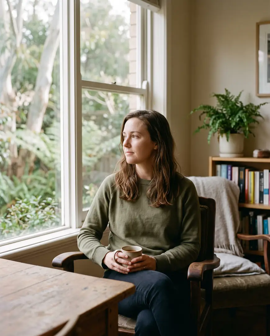 A woman sits by a window in natural daylight.