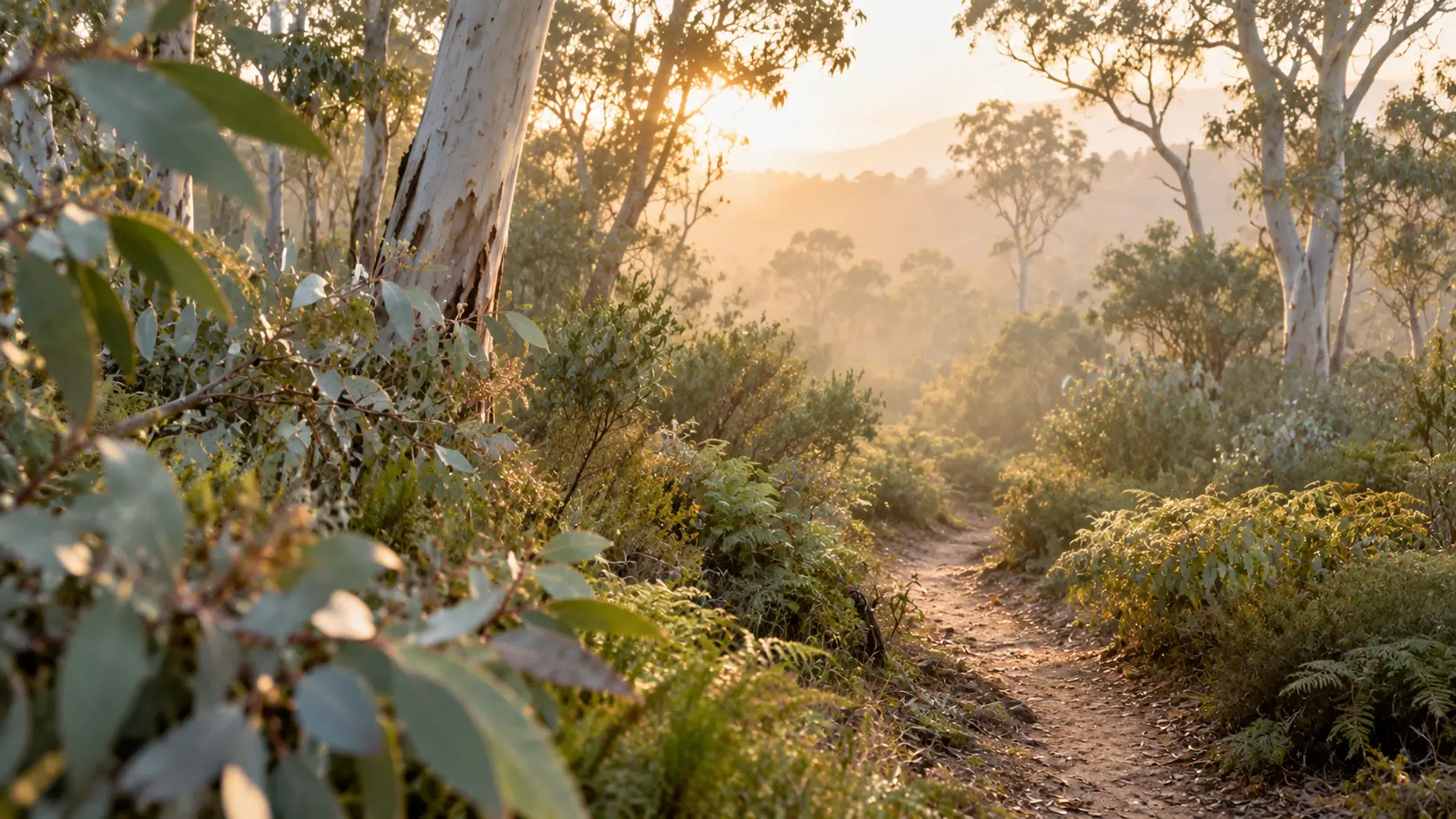 Narrow path winding through eucalyptus bushland in soft morning mist
