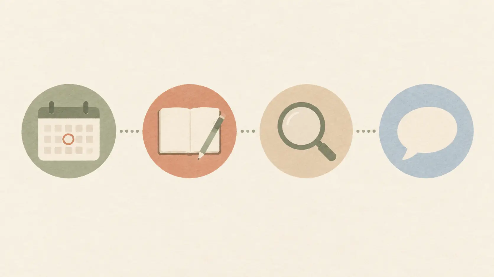 Four illustrated icons: calendar, notebook, magnifying glass and speech bubble
