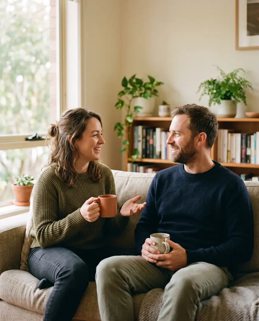 A couple sit together on a couch in daylight, turned toward each other in conversation.