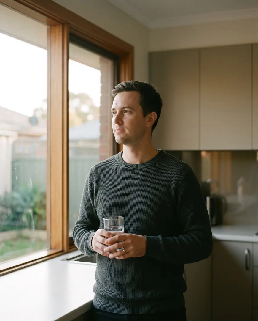 A man stands at a kitchen window in late afternoon light, holding a glass of water.