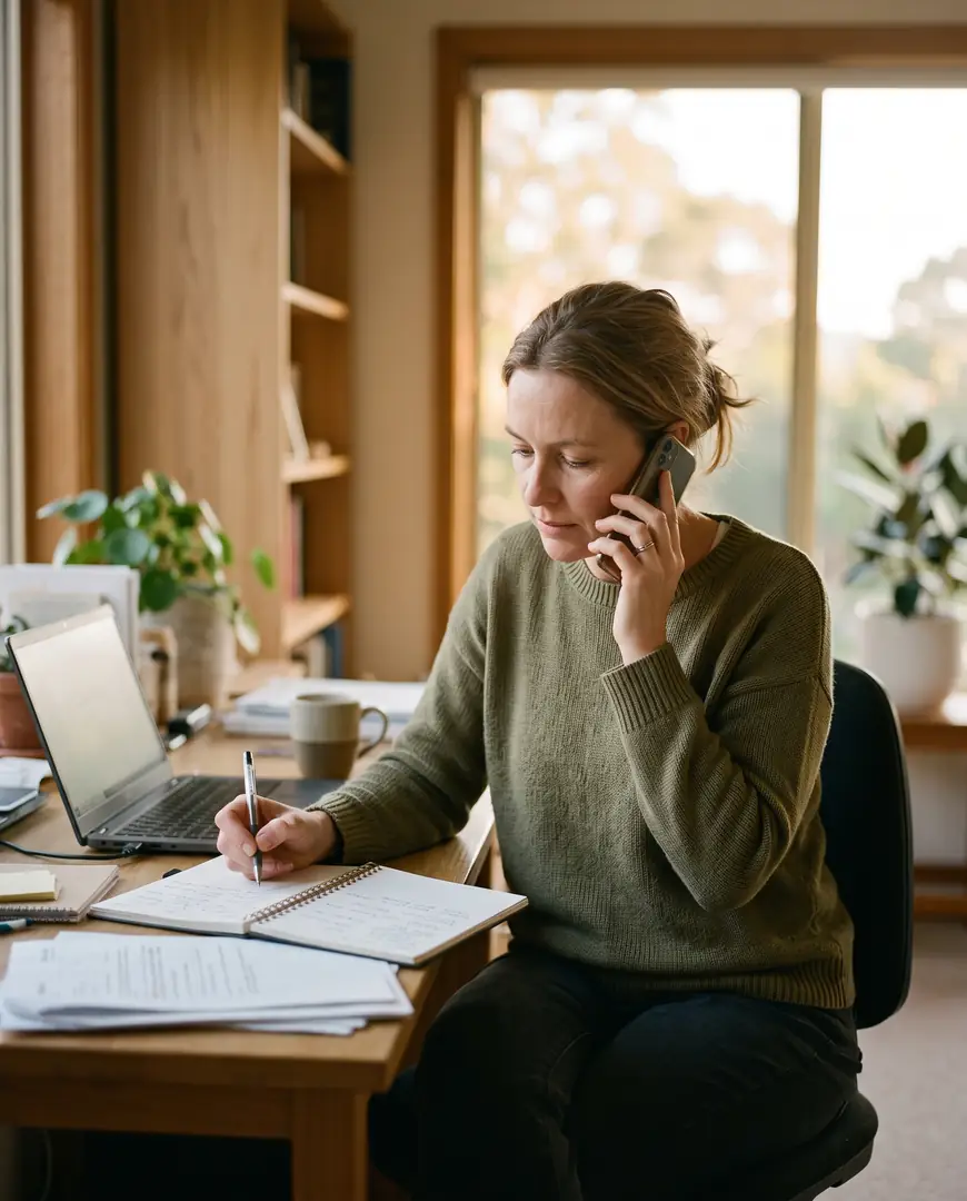 A woman at a desk makes an appointment, a paper diary open in front of her.