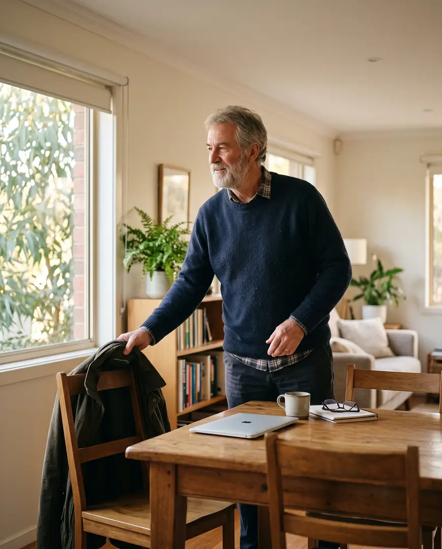 A man stands up from a dining table after a consultation, reaching for his jacket.