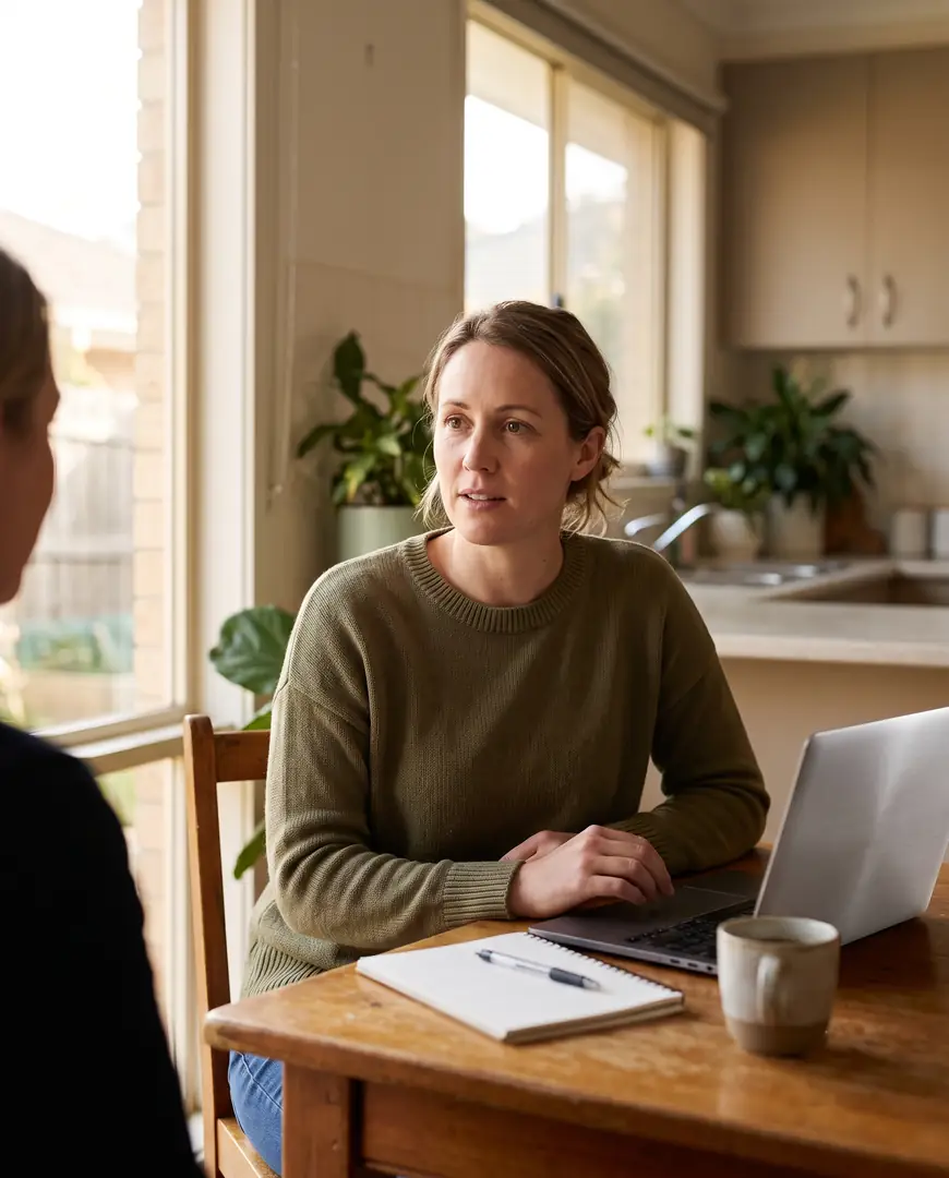 A woman at a kitchen table listens during a video consultation, a notebook open beside her.
