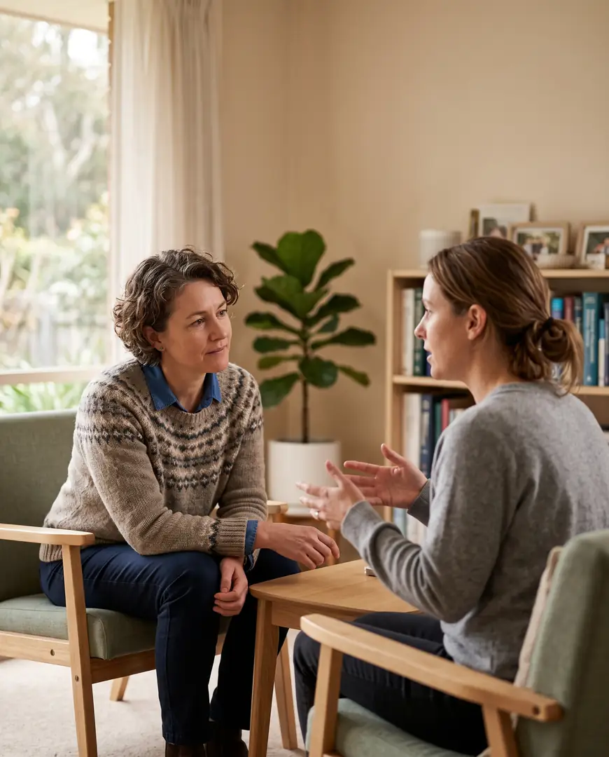 A general practitioner listens closely as a patient speaks in a consulting room.