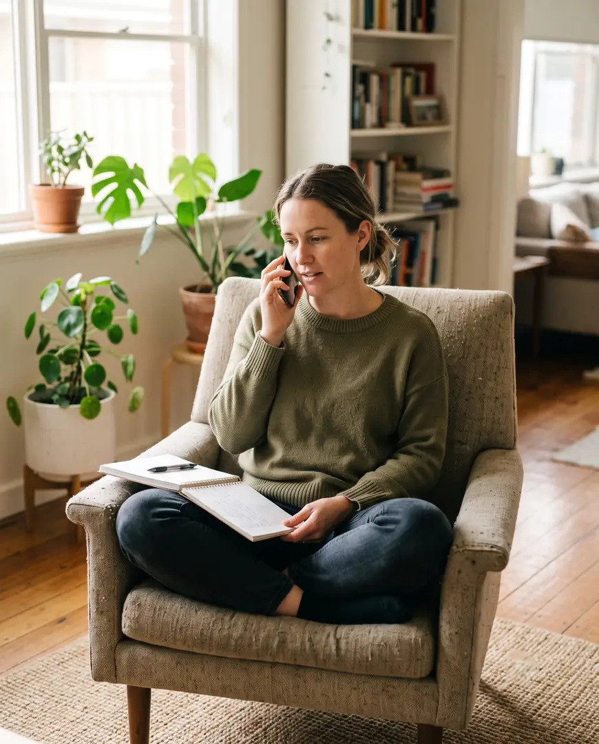 A woman sits in a sunlit armchair on a phone consultation, a notebook on her knee.